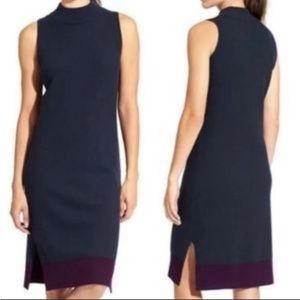 Athleta Winterlude Dress Merino Wool Mock Neck Ribbed Knit Dress Navy Blue/Plum